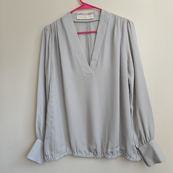 Ramy Brook‎ Medium Long Cuff Sleeve Silk Flowy Loose Blouse V-Neck Gray Top - Picture 2 of 6